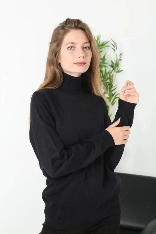 Women Black Turtleneck Long Sleeve Plain Knit Sweater 3