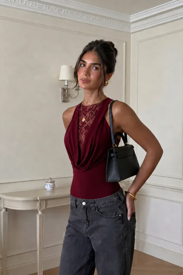 Kadın Bordo Dantel Detaylı Derin Dekolte Kolsuz Body 2