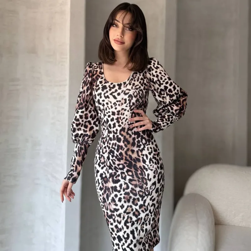 Leopard uzorak Midi dužina haljina Bijela