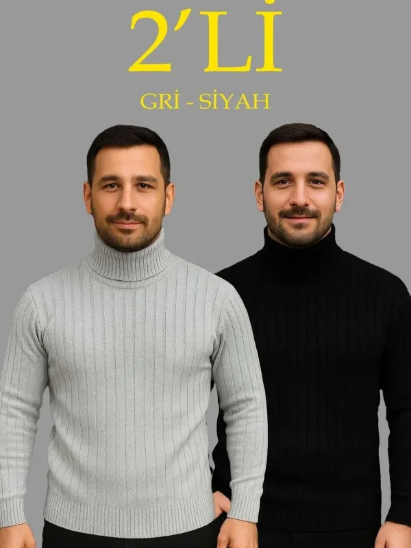 Męski Zestaw 2 szt. Prążkowany Golf Sweter Dzianinowy 1