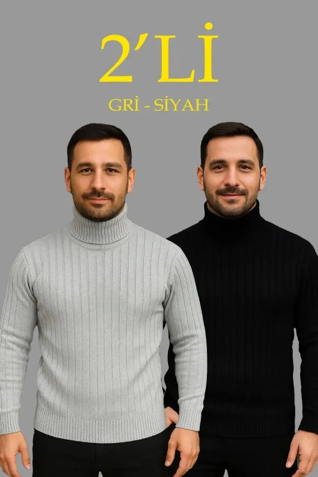 Męski Zestaw 2 szt. Prążkowany Golf Sweter Dzianinowy 1