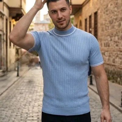 Pánska baby modrá polokrčný rebrovaný úplet krátke rukávy tričko 2