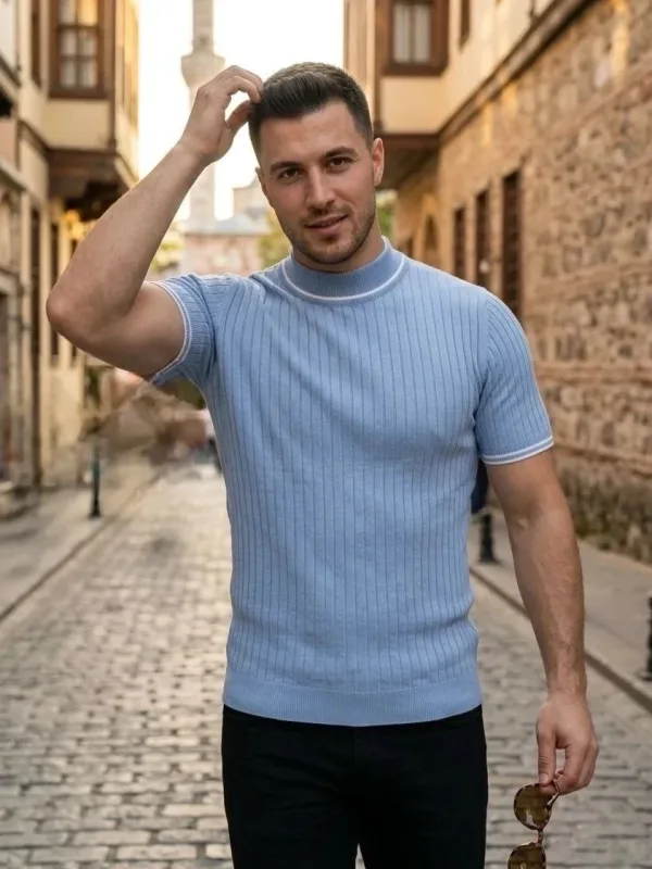 Pánska baby modrá polokrčný rebrovaný úplet krátke rukávy tričko 2