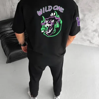 Men's Black Crew Neck Printed Oversize Short Sleeve T-Shirt 2