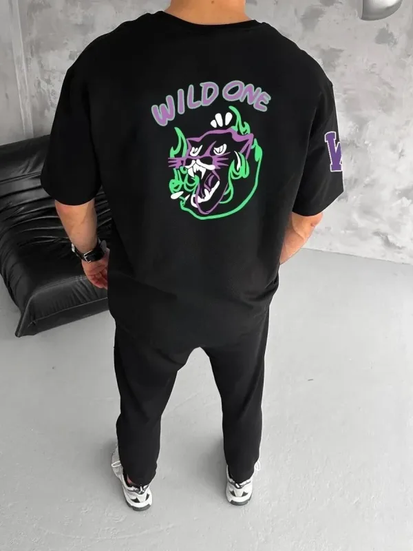 Men's Black Crew Neck Printed Oversize Short Sleeve T-Shirt 2