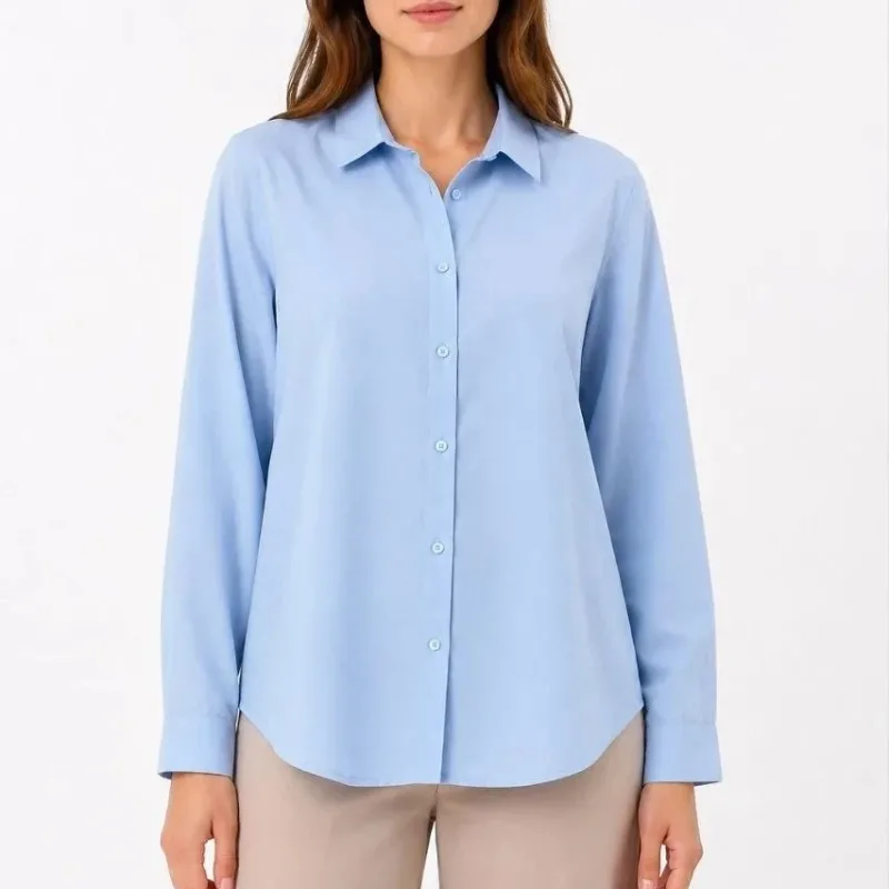 Women's Light Blue Regular Classic Collar Button Down Long Sleeve Shirt