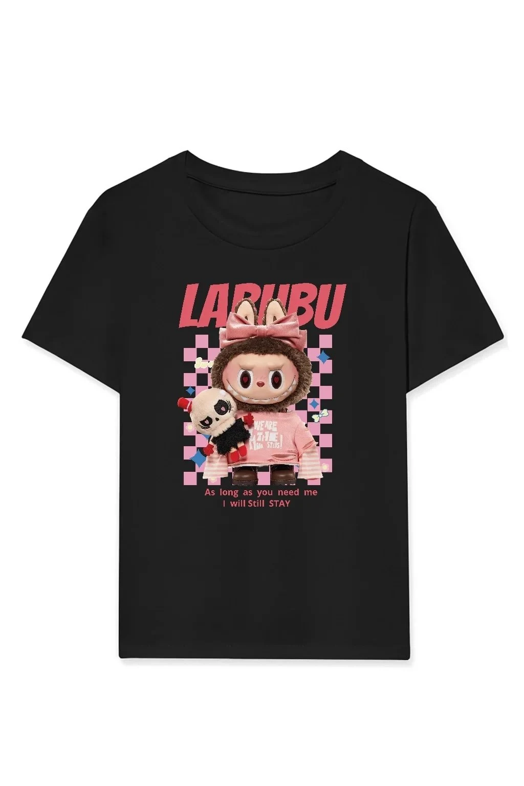 Djevojčica Crna Labubu Print Oversize Majica