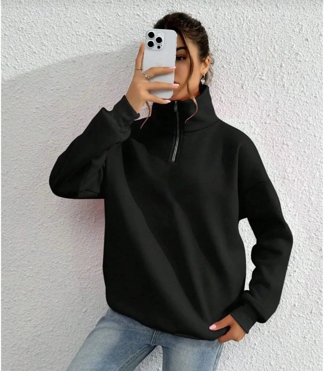 Kadın Siyah 3 İplik Pamuklu Yarım Fermuarlı Yakalı Sweatshirt