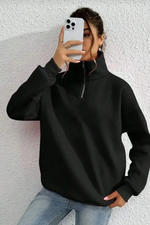 Kadın Siyah 3 İplik Pamuklu Yarım Fermuarlı Yakalı Sweatshirt 1