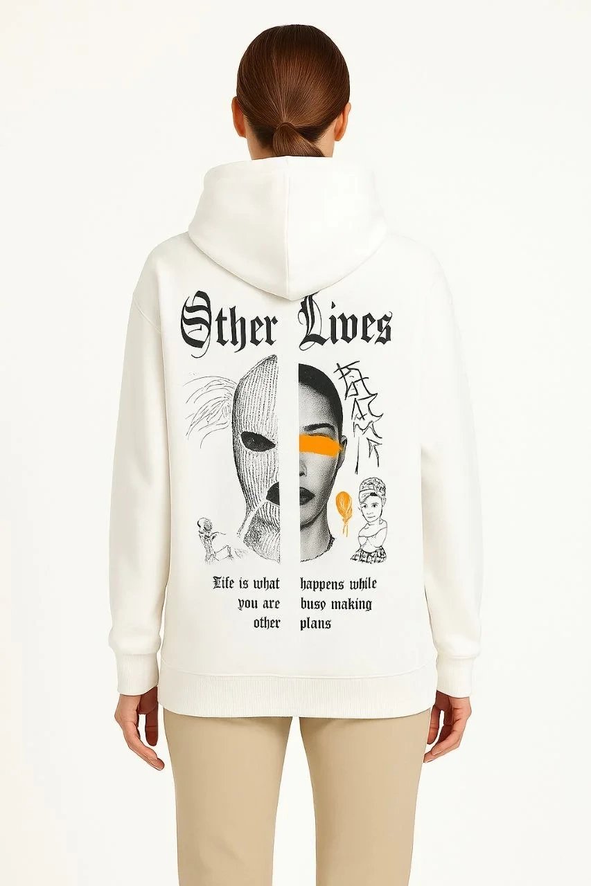 Dámský bílý 3-niťový bavlněný sweatshirt s kapucí, klokaní kapsou a potiskem 3