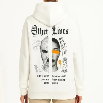 Jin Spî 3 Têl Pembû Kapşonlu Kanguru Bêrîk Çapkirî Sweatshirt 3