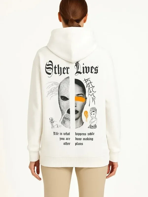 Jin Spî 3 Têl Pembû Kapşonlu Kanguru Bêrîk Çapkirî Sweatshirt 3