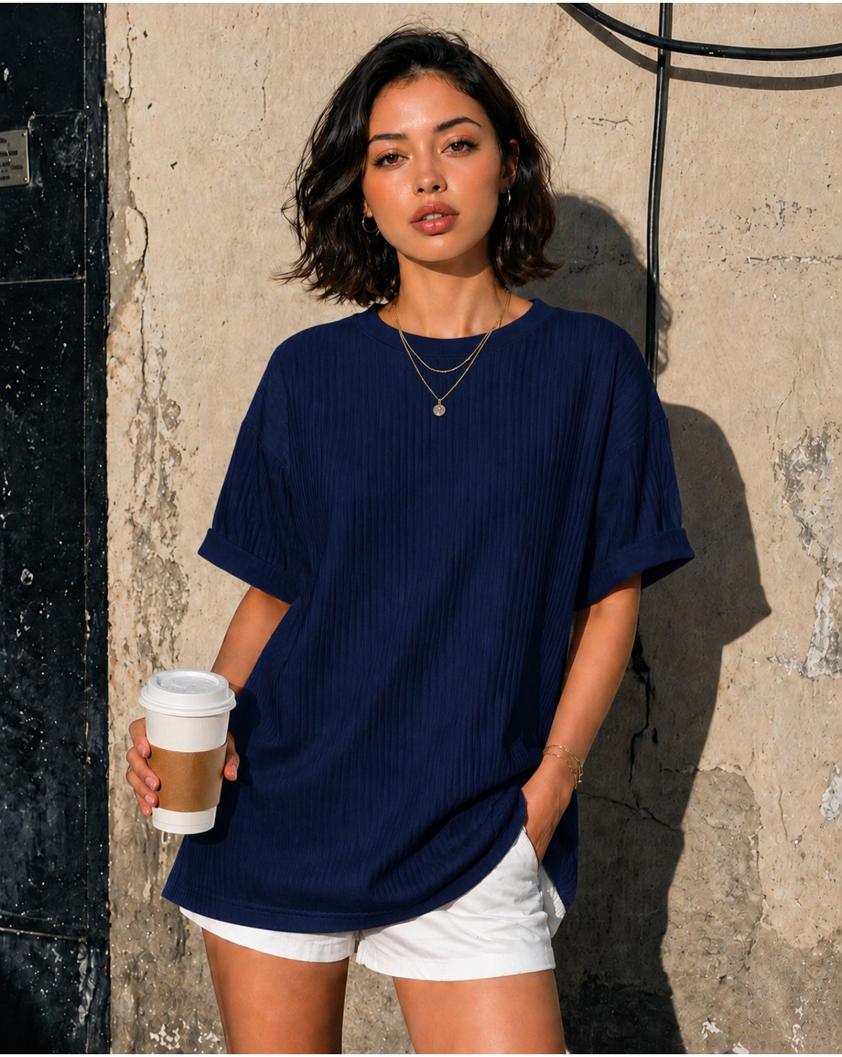 Unisex Pamuk Bisiklet Yaka Oversize T-shirt Lacivert