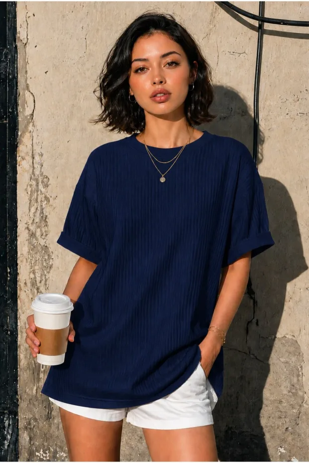 Unisex Pamuk Bisiklet Yaka Oversize T-shirt Lacivert 1