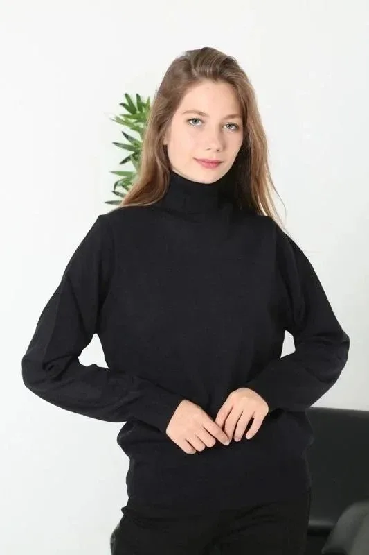 Women Black Turtleneck Long Sleeve Plain Knit Sweater 1