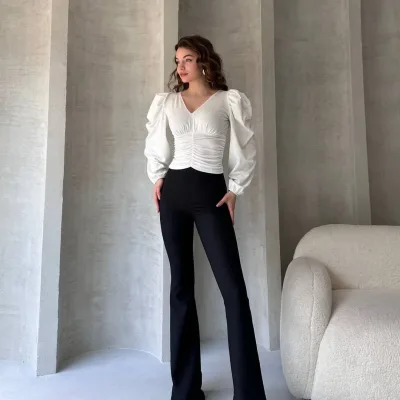 V-Neck Drape Detail Crepe Blouse White 3