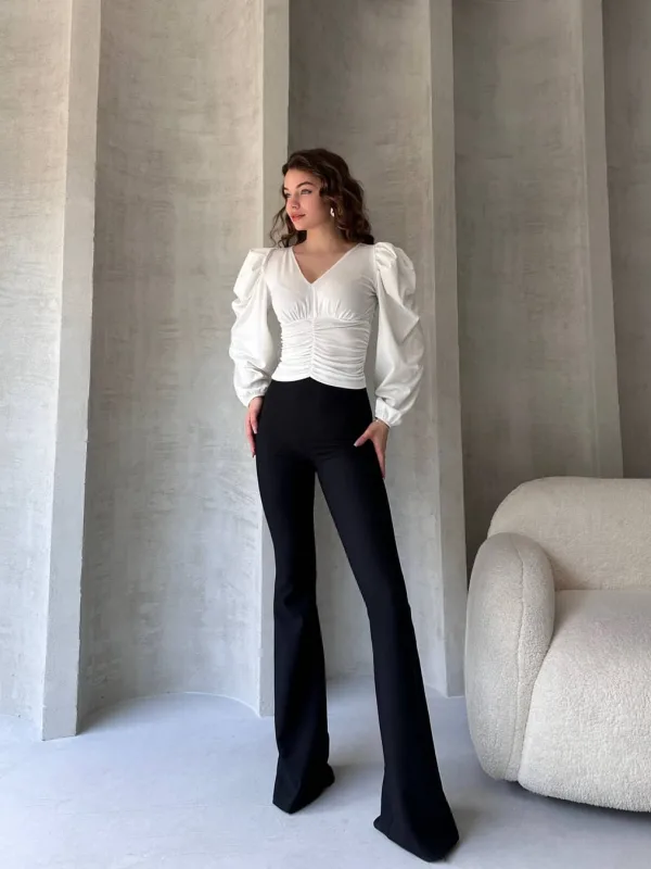 V-Neck Drape Detail Crepe Blouse White 3