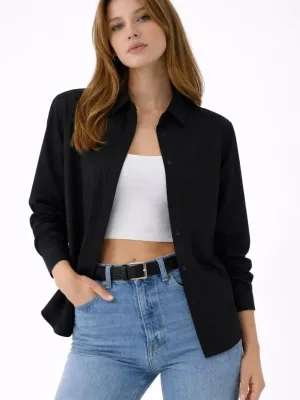 Women's Black Buttoned Classic Collar Long Sleeve Shirt