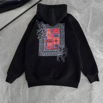 Jinê Reş 3 Têl Pembû Hoodî Bikapûşon Çapkirî Bi Cêbê Kangurû Sweatshirt 6