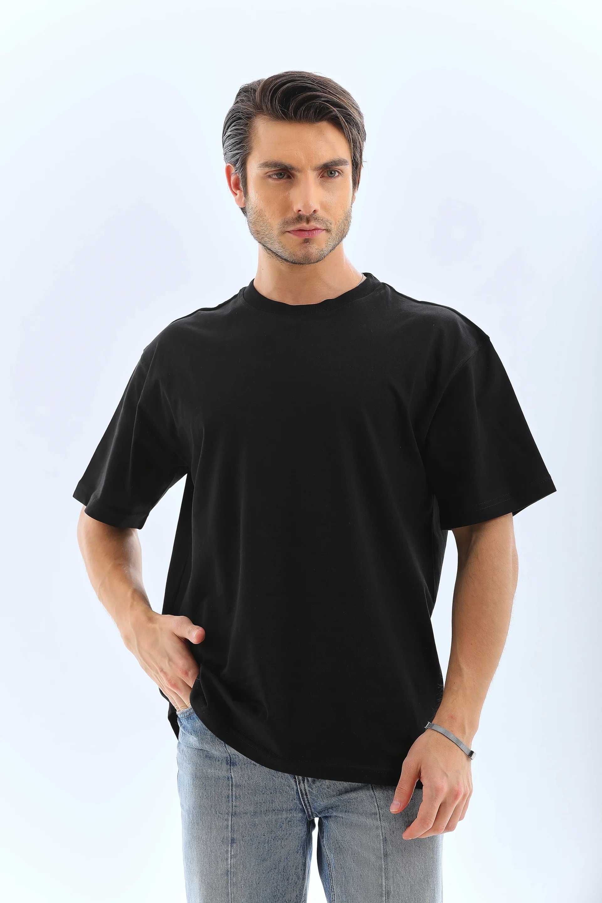 Bărbați Negru Oversize Guler Bicicletă Tricou Simplu de Vară 7