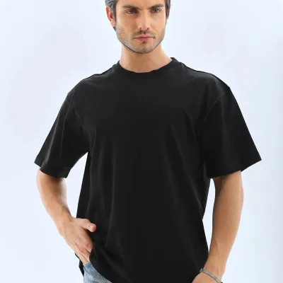 Ανδρικό Μαύρο Oversize Ποδηλατόλαιμο Απλό Καλοκαιρινό T-shirt 7
