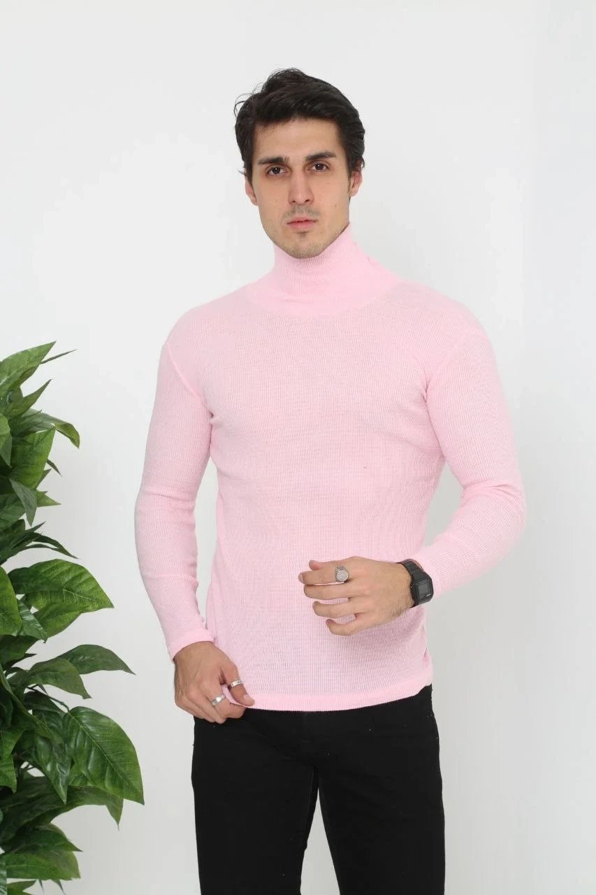 Muški praškasto roze Slim Fit Likra dolčevita rebrasta Body 2