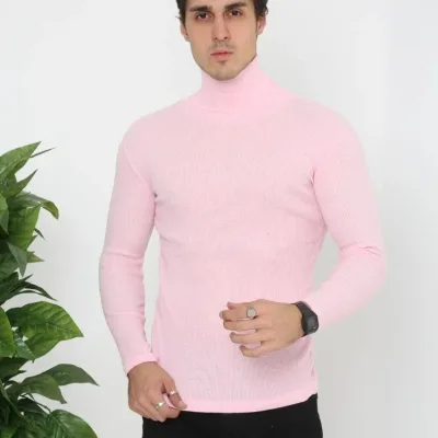 Męskie body slim fit pudrowy róż, z lycry, golf, prążkowane 2