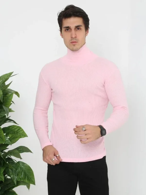 Męskie body slim fit pudrowy róż, z lycry, golf, prążkowane 2