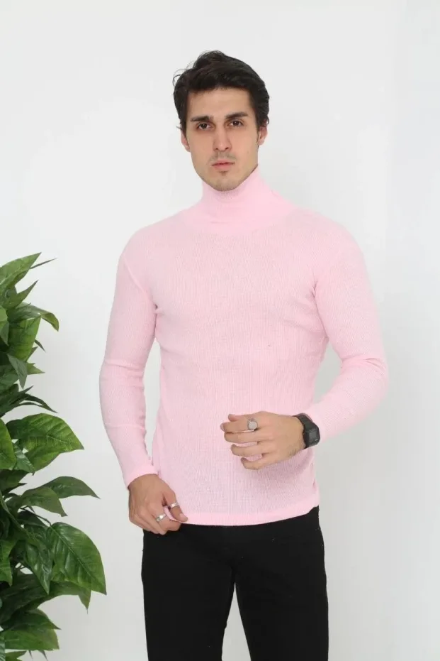 Erkek Toz Pembe Slim Fit Likralı Boğazlı Fitilli Body 2