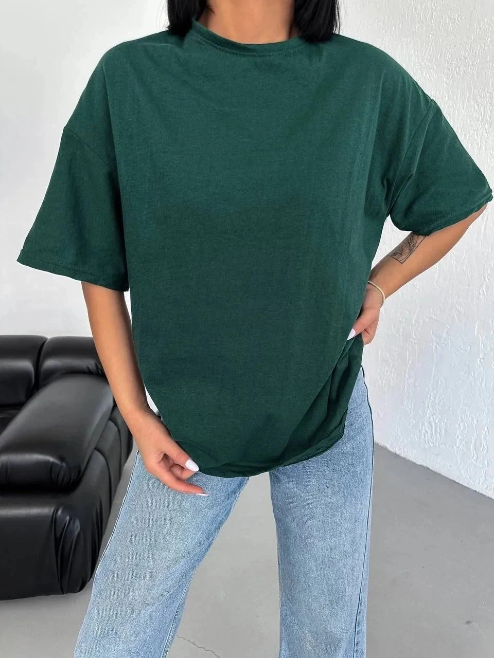 Femeie Haki Oversize Guler Bicicletă Simplu Mânecă Scurtă Tricou