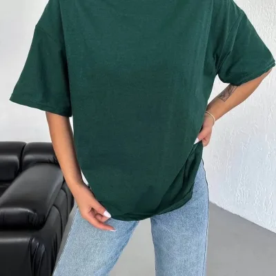 Femeie Haki Oversize Guler Bicicletă Simplu Mânecă Scurtă Tricou 1