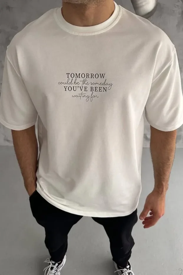 Férfi Fehér Oversize Kerékpár Nyakú Nyomott Nyári Póló 1