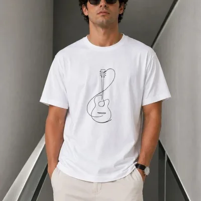 Muška bijela oversize bicikli kragna minimal gitara printana majica 3