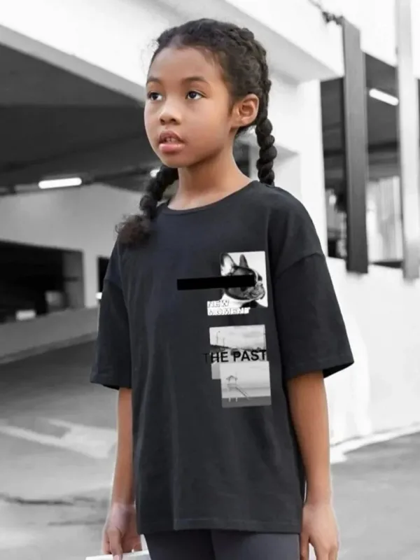 Detské čierne oversize potlačené tričko s okrúhlym výstrihom 1