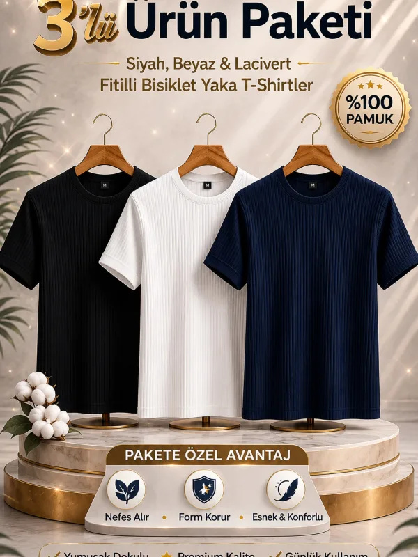 Paketë 3-copë për meshkuj: e zezë, e bardhë, blu e errët, oversize, me brinjë, jakë rrethi, 100% pambuk, T-shirt