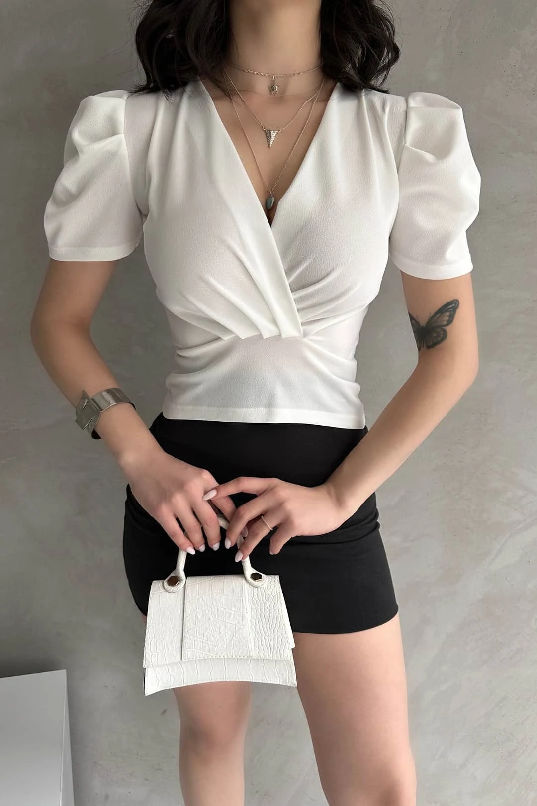 Cross Collar Melon Sleeve Crepe Blouse White