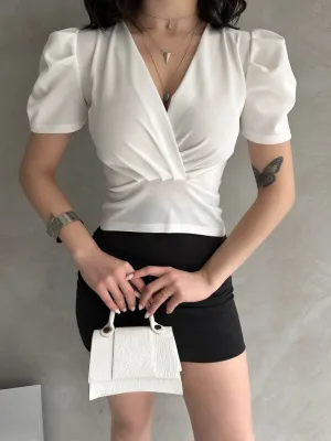Cross Collar Melon Sleeve Crepe Blouse White
