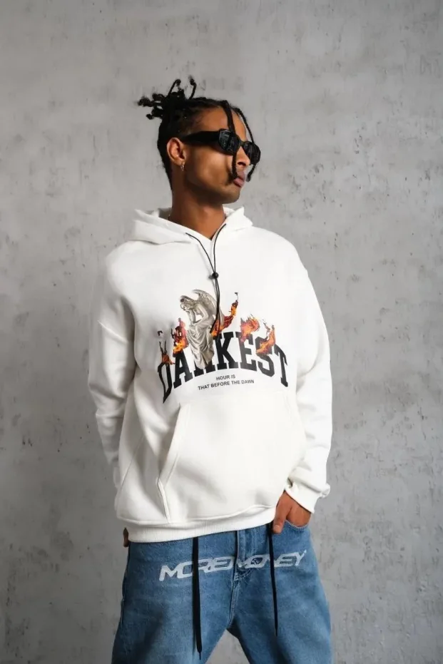 Erkek Beyaz Oversize 3 İplik Pamuklu Kapüşonlu Baskılı Cepli Sweatshirt 4