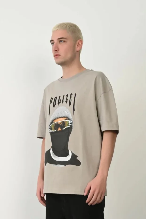 Férfi szürke oversized biciklinyakas nyomott póló 1