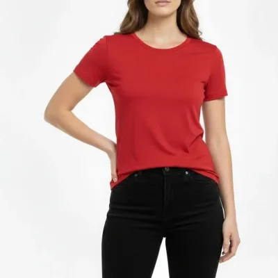 Femeie Tricou Roșu Slim Fit cu Guler Bicicletă, Elastan 2