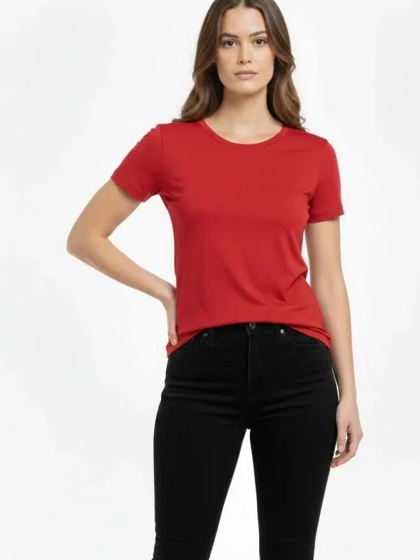 Femeie Tricou Roșu Slim Fit cu Guler Bicicletă, Elastan 2