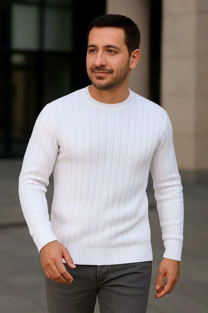 Erkek Beyaz Regular Fit Bisiklet Yaka Fitilli Pamuklu Triko Kazak