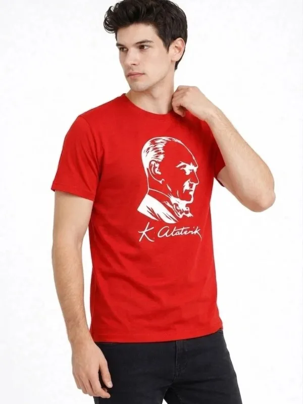 Muška crvena bicikli kragna Atatürk print majica 3