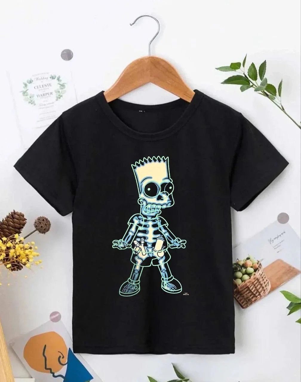 Çocuk Siyah Oversize Bisiklet Yaka Baskılı Kısa Kol Tişört