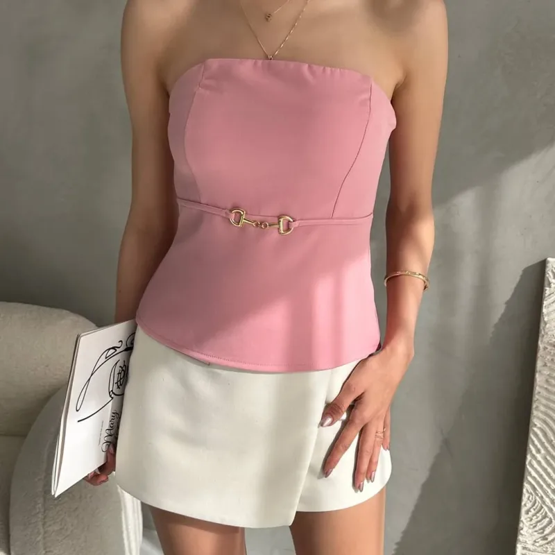 Straplez Beli Toka Detallı Krepli Bluz Pudra