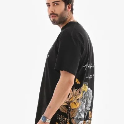 Férfi Fekete Oversize Kerékpárnyakú Nyomott Nyári Póló 4