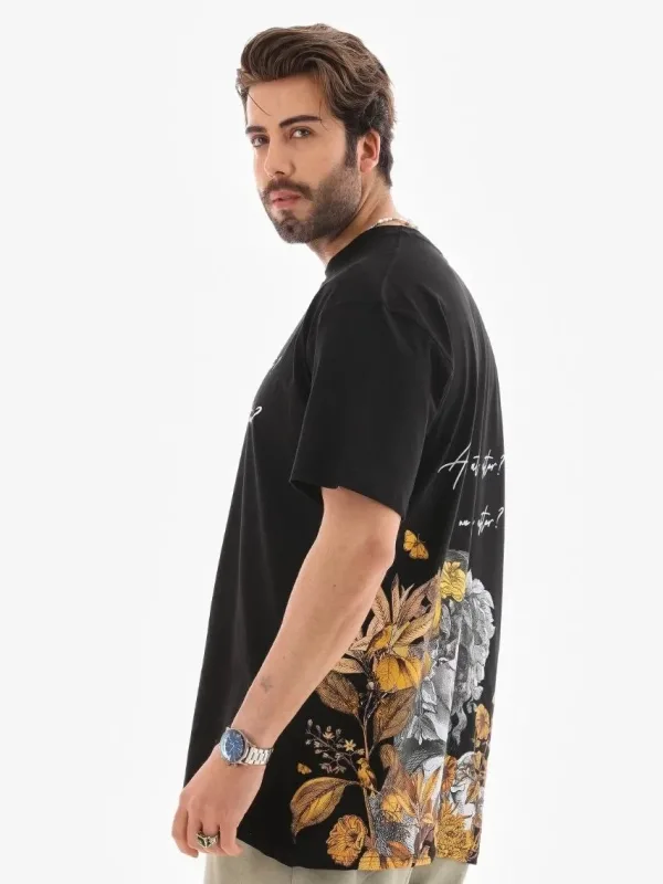 Férfi Fekete Oversize Kerékpárnyakú Nyomott Nyári Póló 4
