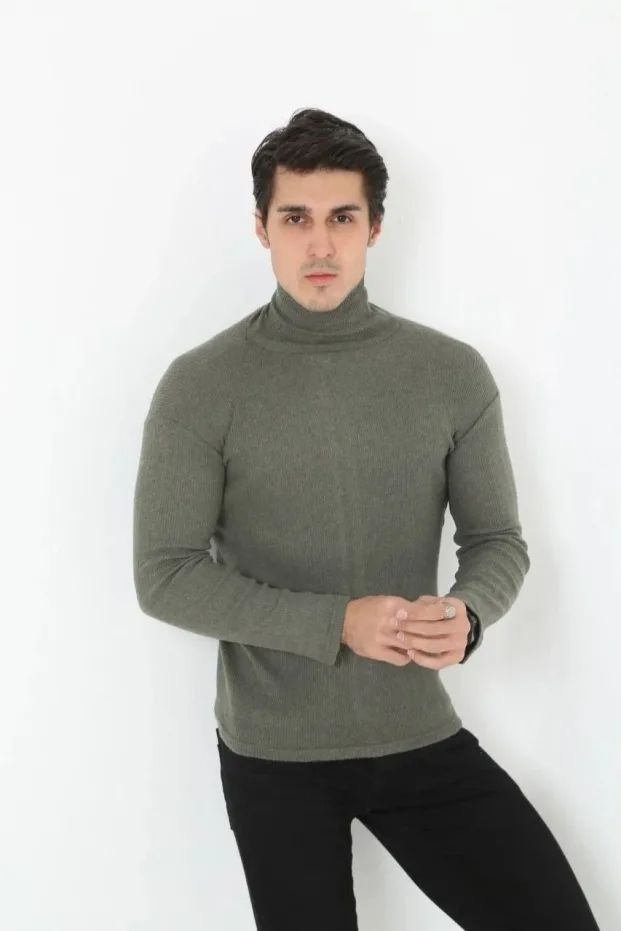 Erkek Haki Slim Likralı Boğazlı Uzun Kollu Body 1