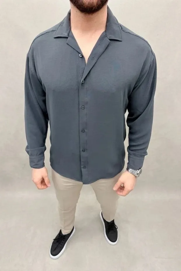 Erkek Füme Oversize Uzun Kollu Düz Gömlek 4