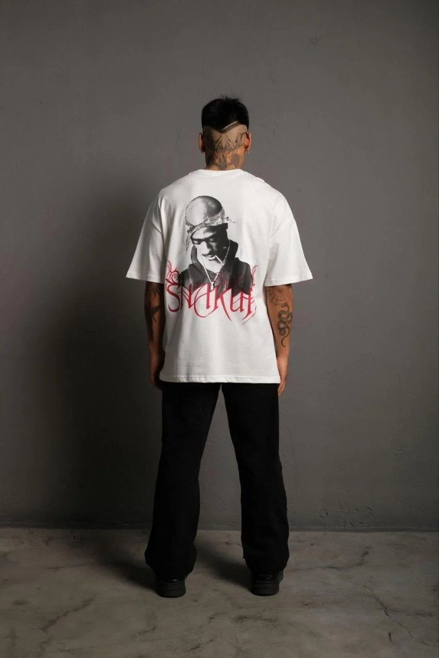 Мъжка бяла тениска с кръгла яка, oversize, с отпечатък 3